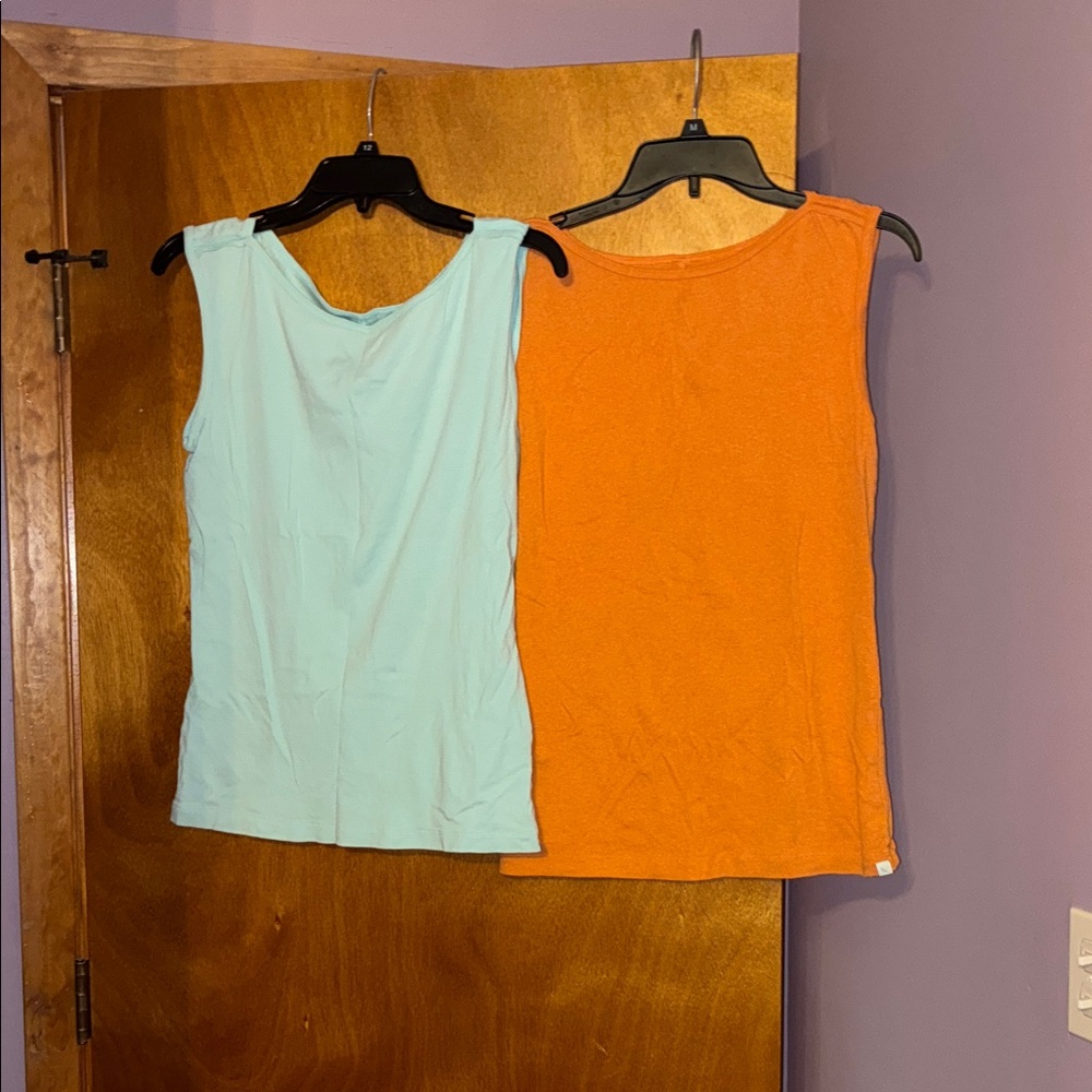 Sleeveless light blue and Orange Tops